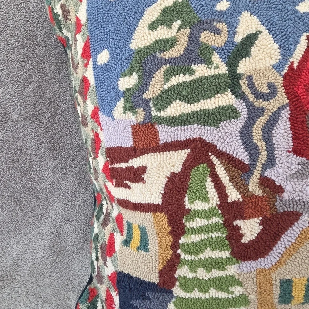 Vintage Hooked Wool Christmas Winter Scene Pillow 18x15